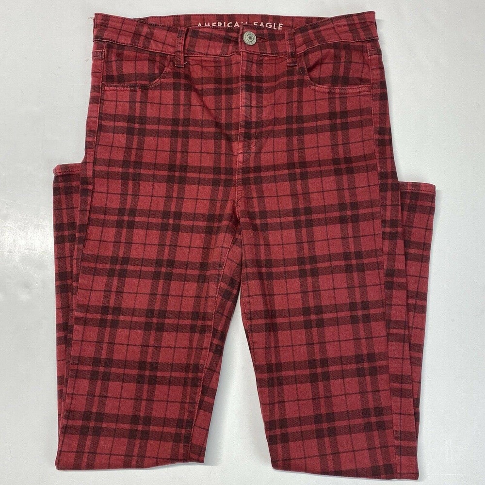 American Eagle Hi-Rise Jegging Sz 10 Next Level Stretch Red Plaid Denim Jeans